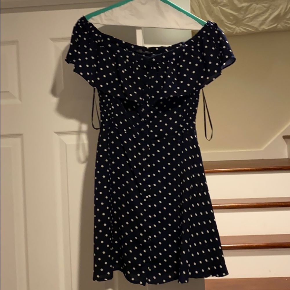 Navy polka dot off the shoulder dress